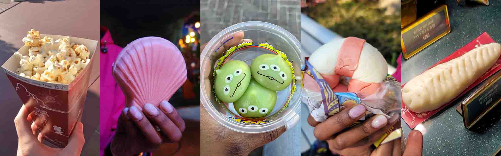 several snacks from disney sea from left to right: popcorn, sea salt ice cream sandwich, green alien mohchi, donald duck ukiwa bun, and gyoza dog